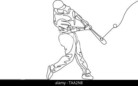 Continuous One Line Drawing Of Baseball Player Batter Hit The Ball