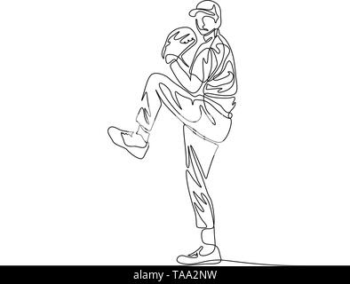 Continuous line baseball pitcher going to throw the ball Stock Vector