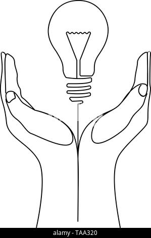 Continuous one line bulb in hands of man - eco idea Stock Vector