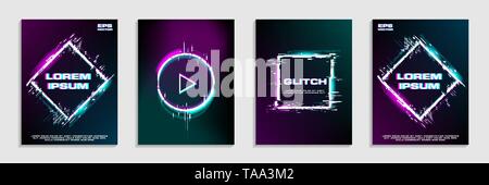 Brochure template layout design with glitch and neon effect Stock Vector