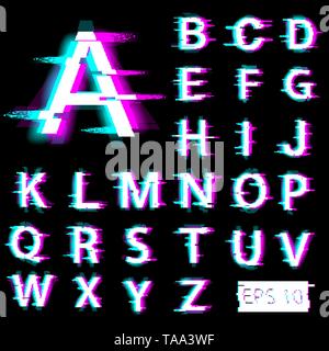 Glitch english alphabet. Distorted letters with broken pixel effect Stock Vector