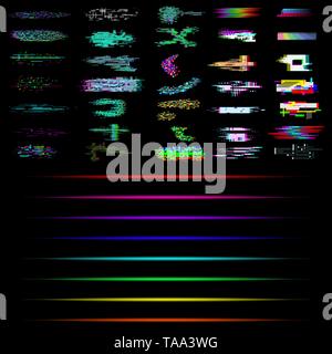 Set of Glitch and neon elements. Collection of glitch and neon effects Stock Vector