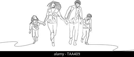 Continuous one line happy family running holding the hands Stock Vector