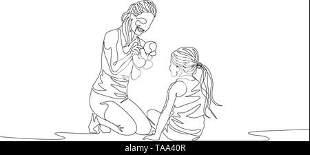 Continuous one line mother and daughter siiting and playing with toys Stock Vector
