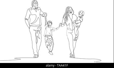 Continuous line family walking holding the hands and swigning son Stock Vector