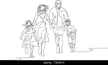 Continuous One line family walking holding the hands and running to camera Stock Vector