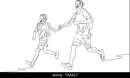 Continuous line father and son running together holding the hands Stock Vector
