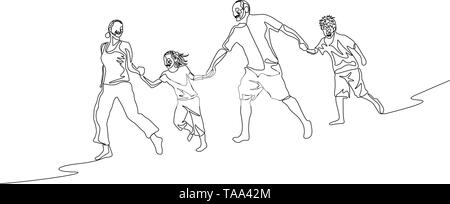 Continuous one line family walking holding the hands and run in a row Stock Vector