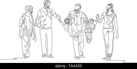 Continuous one line family multi generation, Parents swinging kids Stock Vector