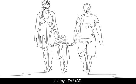 Continuous one line happy family walking together and holding the hand Stock Vector