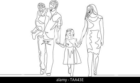 Continuous one line happy family walking holding the hands. Father holds son in his arms. Family concept Stock Vector