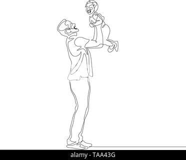 Continuous one line father hold his little son on hands above head Stock Vector