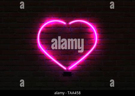 Pink glowing neon heart on brick wall background Stock Vector