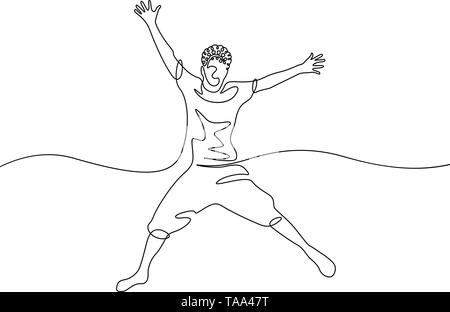 Continuous one line drawing happy jumping boy Stock Vector