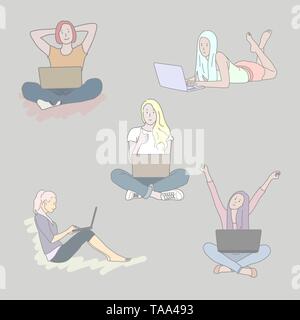 Set of Girls with laptop in different poses. Hand drawn style  Stock Vector