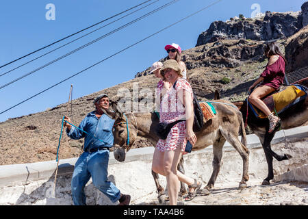 Santorini Greece Tourism, People, Tourists on donkey path go down to the port,  Europe Stock Photo