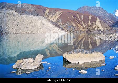 Gokyo Lake Reflecting Hills, Nepal, Asia Stock Photo