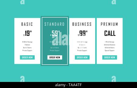 Four tariffs,interface for the site. Web design price table Stock Vector