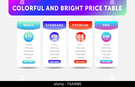 Colorful four tariffs for cloud service, interface for the site Stock Vector