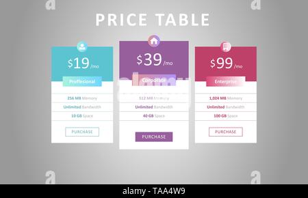Colorful three tariffs for cloud service, interface for the site Stock Vector