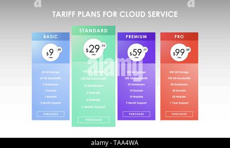 Colorful four tariffs for cloud service, interface for the site Stock Vector