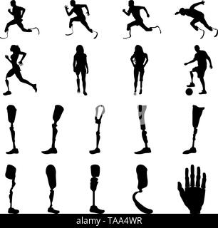 Silhouettes of amputee people with artificial limb. Silhouettes of prosthetic legs and arms. Stock Vector