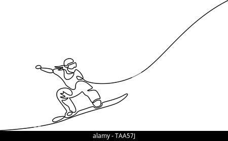 One continuous line drawing Snowboarder jumps. Dynamical illustration. Vector Stock Vector
