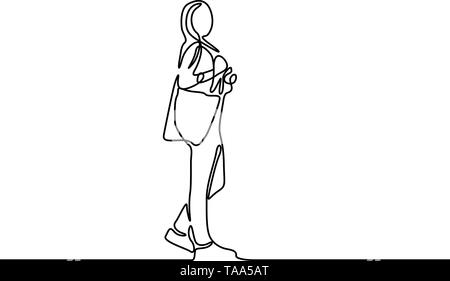 Continuous line student standing girl. First day of college. Vector illustration. Stock Vector