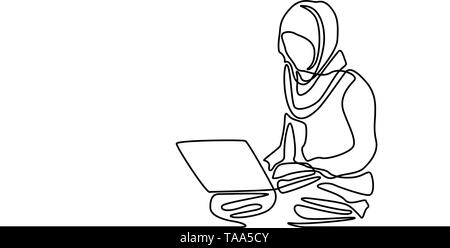 Continuous line muslim woman student reading a book. Vector ...