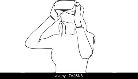 Continuous line woman in VR glasses. Vector illustration. Stock Vector