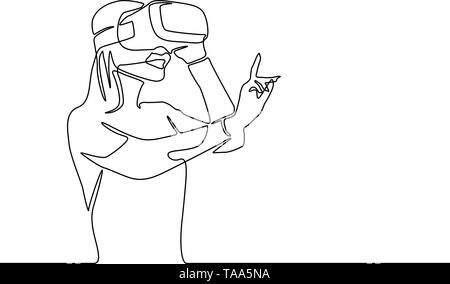 Continuous one line woman in VR glasses clicking in the air. Vector illustration. Stock Vector