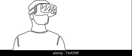 Continuous one line man with VR glasses, future concept. Vector illustration. Stock Vector