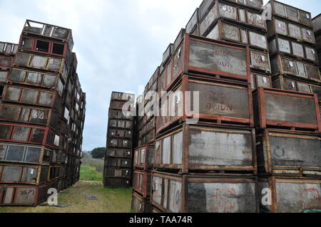 Stacked Agricultural packing crates in a packing plant in Metula, Israel Stock Photo