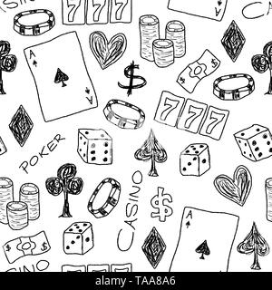 Doodle seamless background texture illustration - casino concepts with poker, dice and gambling. Stock Vector