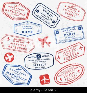 Travel stamps background. Fictitious international airport symbols. Stock Vector