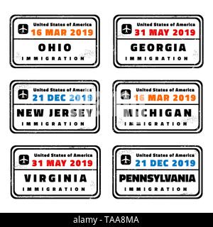 USA vector passport stamps collection: Ohio, Georgia, New Jersey, Michigan, Virginia and Pennsylvania. Stock Vector