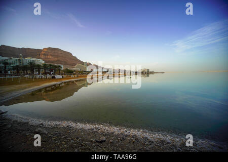 Hotels and a reflection in the Dead Sea, Israel as seen from south Stock Photo