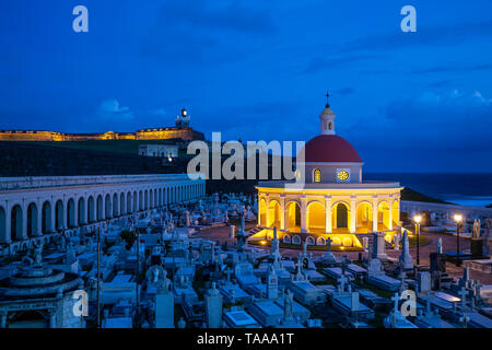 Chapel (1862), San Juan Cemetery (Santa Maria Magdalena de Pazzis), and San Felipe del Morro Castle, Old San Juan, Puerto Rico Stock Photo