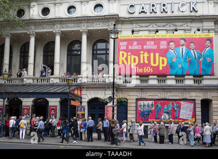 Retired theatre-goers queue outside the Garrick Theatre on Charing Cross Road to see a matinee performance of the hit musical 'Rip It Up', on 22nd May 2019, in London, England Stock Photo