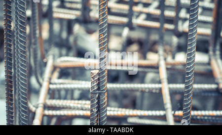 Deform bar steel bars with wire rod used in foundation footing reinforcement concrete structure. Stock Photo