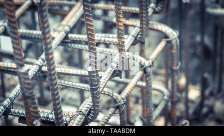 Deform bar steel bars with wire rod used in foundation footing reinforcement concrete structure. Stock Photo