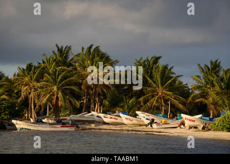 Pangas on the beach at Mahahual, Costa Maya, Mexico. Stock Photo