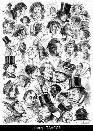 A montage of images of Benjamin Disraeli, 1st Earl of Beaconsfield (1804-1881), as depicted in 'Punch'. By Richard Doyle, John Leech, John Tenniel, Charles Keene, Linley Sambourne - redrawn by Harry Furniss (1854-1925). Disraeli was an influential Victorian, Conservative British Prime Minister, parliamentarian and statesman. Stock Photo