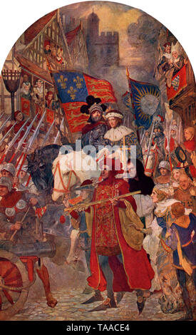 Henry VI (1421-1471). Battle of Barnet, 1471. The trained bands marching to the support of Edward IV (1442-1483), 1471. By John Henry Amshewitz (1882-1942). The Battle of Barnet was a decisive engagement in the Wars of the Rose between the Houses of York and Lancaster. Stock Photo