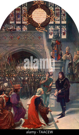 Offer of the Kingship to Richard, Duke of Gloucester, at Baynard's Castle, 26th June 1483. By Sigismund Christian Hubert Goetze (1866-1939). Richard III (1452-1485) was King of England for two years, from 1483 until his death in 1485 at the Battle of Bosworth Field. He was the last Plantagenet king. Stock Photo