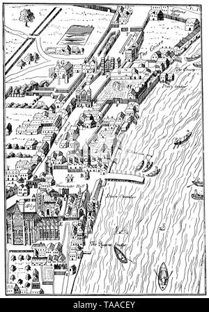 Plan of part of the City of Westminster, taken from Agas' Map of London, Civitas Londinium, 1578. Possibly by Ralph Agas (c1540-1621). This view of the Thames also features Westminster Abbey and the original Palace of Westminster. Stock Photo