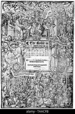 Title page of the first edition of 'The Great Bible', 1539. Original in the British Museum. The Great Bible was the first authorized edition of the Bible in English and was authorized by King Henry VIII (1491-1547) to be read in Church of England services. The Great Bible was prepared by Myles Coverdale (c1488-1569), under the commission of Thomas, Lord Cromwell (c1485-1540). Stock Photo