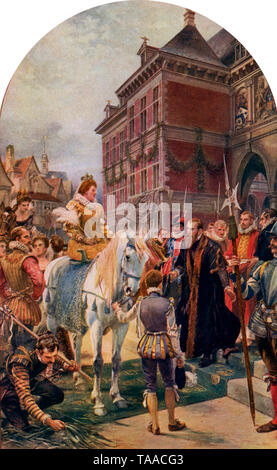 The Opening of the First Royal Exchange by Queen Elizabeth'. After a frescoe by Ernest Crofts (1847-1911). The Royal Exchange was officially opened by Queen Elizabeth I (1533-1603), who awarded the building its royal title 23 January 1571. Stock Photo