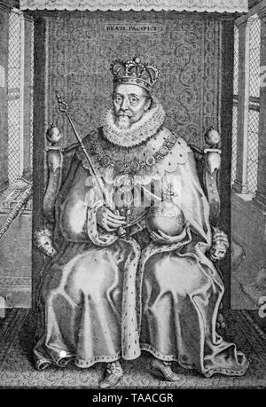 King James I as depicted in the frontispiece to his collected works, published in 1616. James VI and I (1566-1625) was King of Scotland as James VI and King of England and Ireland as James I from the union of the English and Scottish crowns in 1603 until his death.