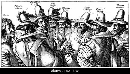 A portrait of the chief conspirators in the Gunpowder Plot, 1605, including Guy Fawkes (1570-1606) and Robert Catesby (c1572-1605). By Simon Van der Passe (c1595-1647). The Gunpowder Plot was a failed assassination attempt against King James I of England and VI of Scotland by a group of provincial English Catholics. Stock Photo
